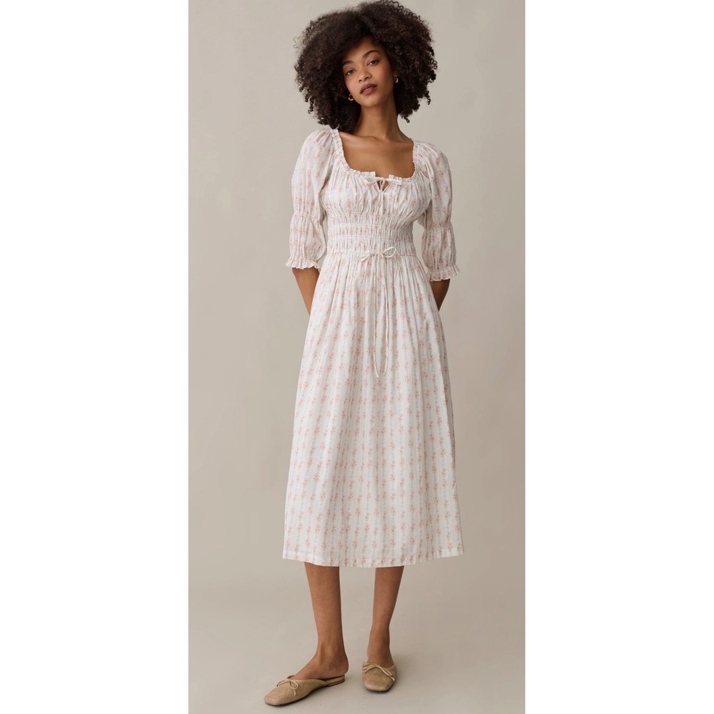 Few Moda Sorella Atelier Cream Floral Smocked Midi Dress Pink Cottagecore NWT M